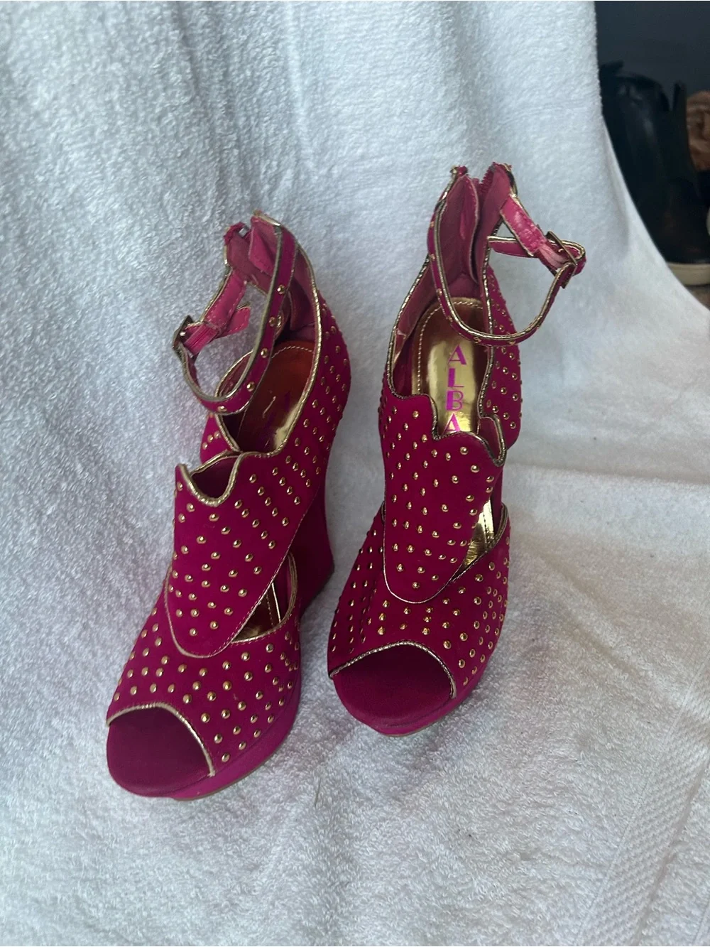 Alba Magenta Studded Wedge Heels with Ankle Strap